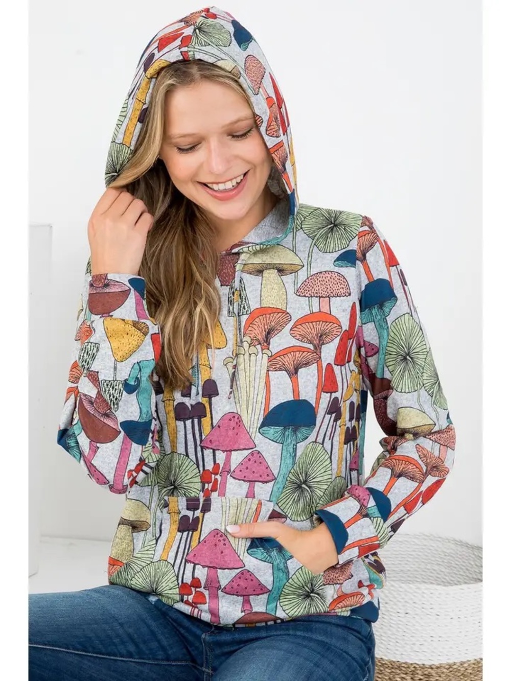 L.A. Soul Mushroom Print Hoodie Women’s Gray Colorful Cottagecore Large